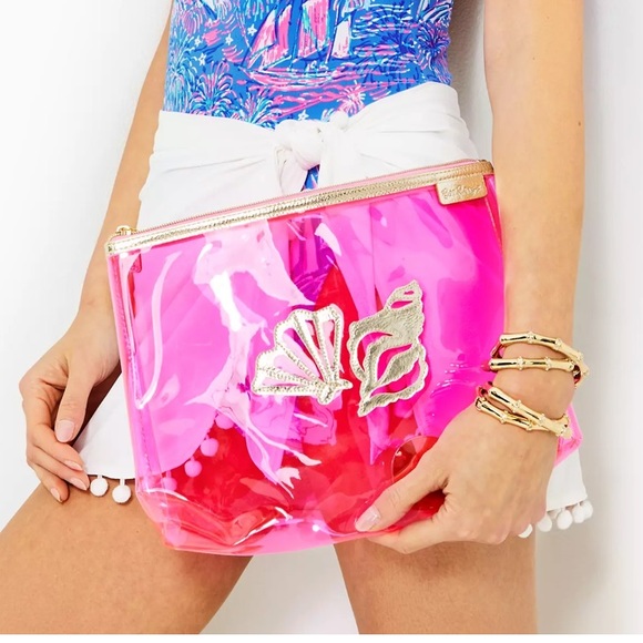 Lilly Pulitzer Pink Clear Pouch Sea Shells Coastal Havana Motif Makeup Case NWT - Picture 5 of 5